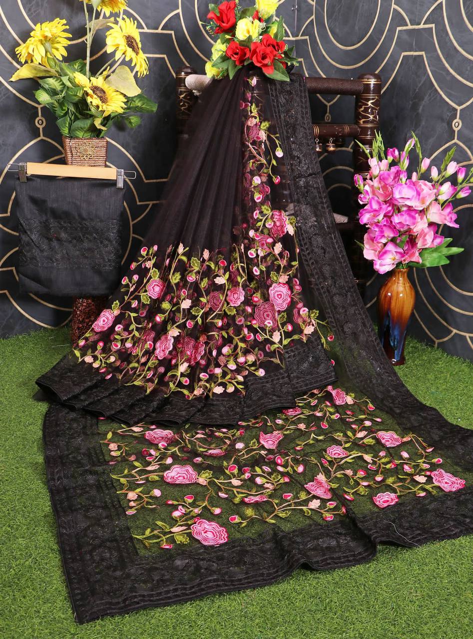 Net Work Black colour Saree With Unstitched Blouse