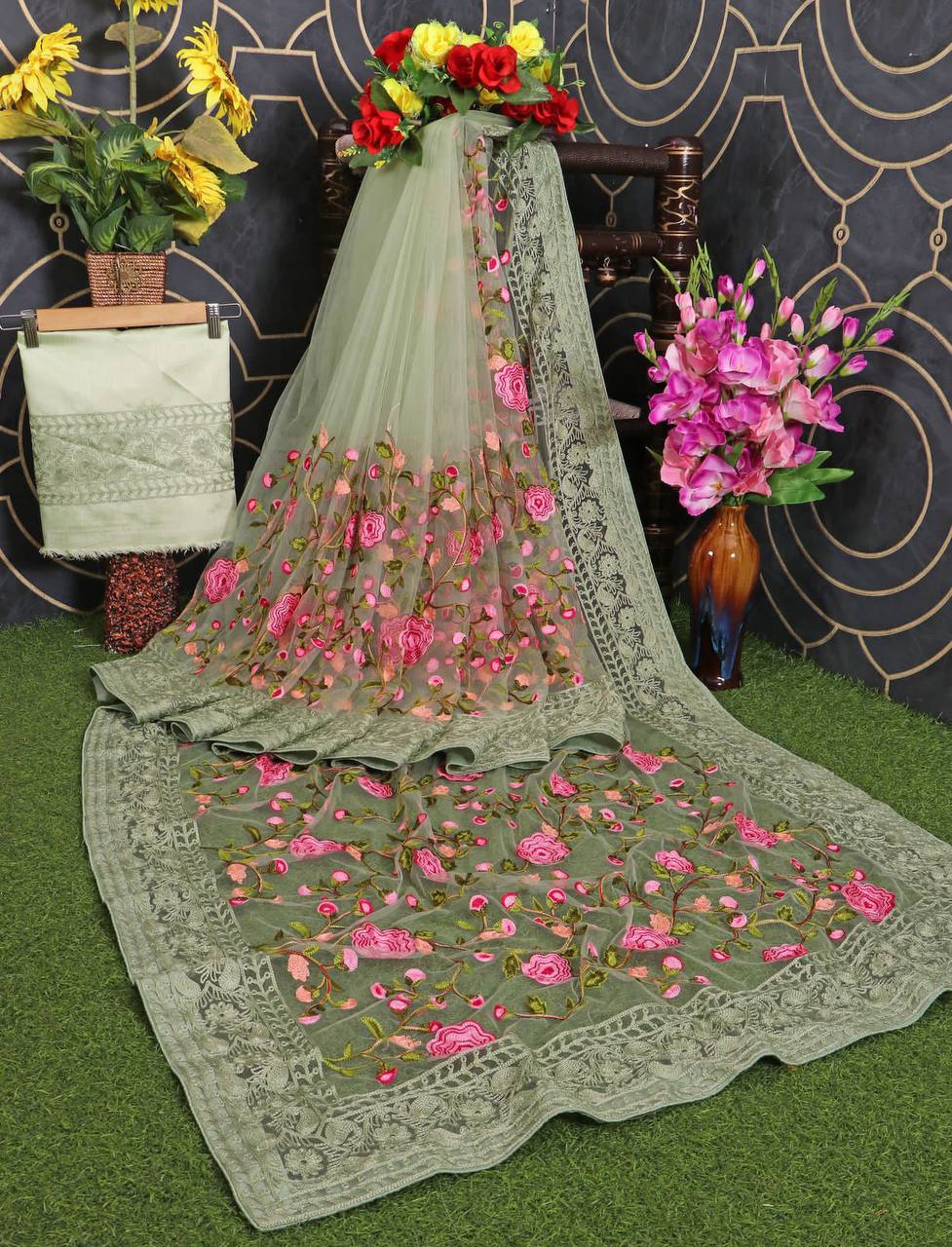 Designer Pista colour Saree With Unstitched Blouse