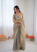 Festive Grey Fendy Silk Ready To Wear Saree With Unstitch Blouse