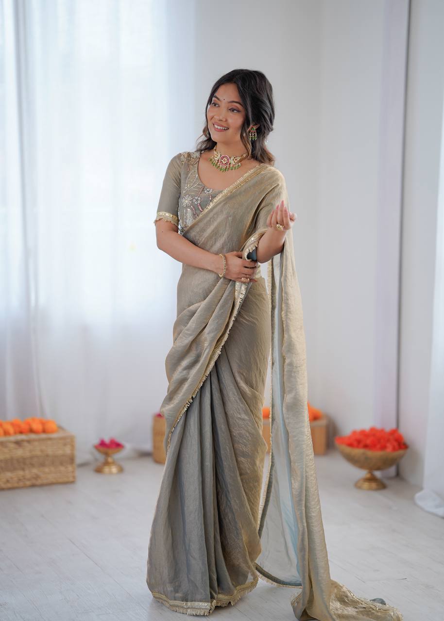 Festive Grey Fendy Silk Ready To Wear Saree With Unstitch Blouse