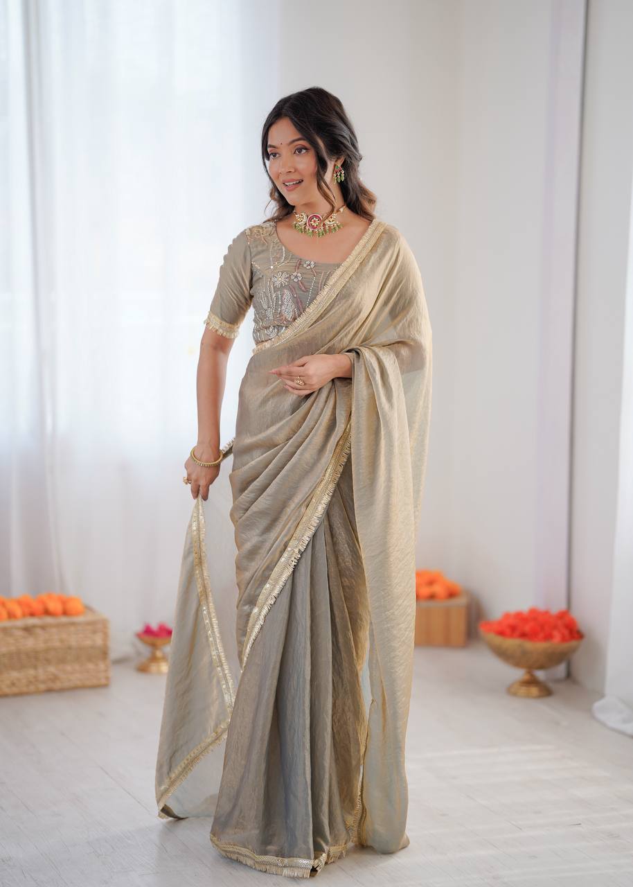 Festive Grey Fendy Silk Ready To Wear Saree With Unstitch Blouse