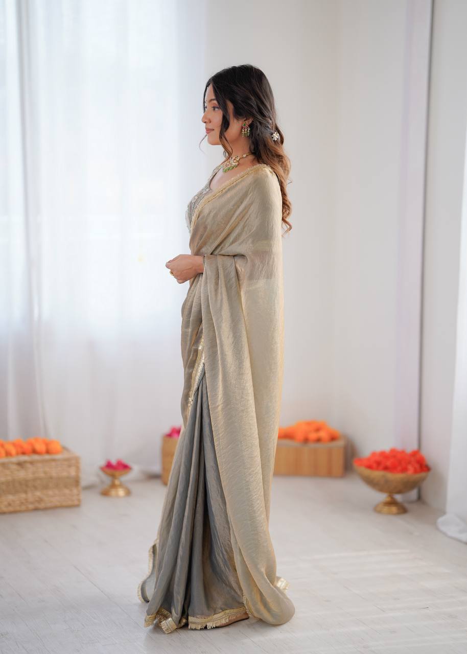 Festive Grey Fendy Silk Ready To Wear Saree With Unstitch Blouse