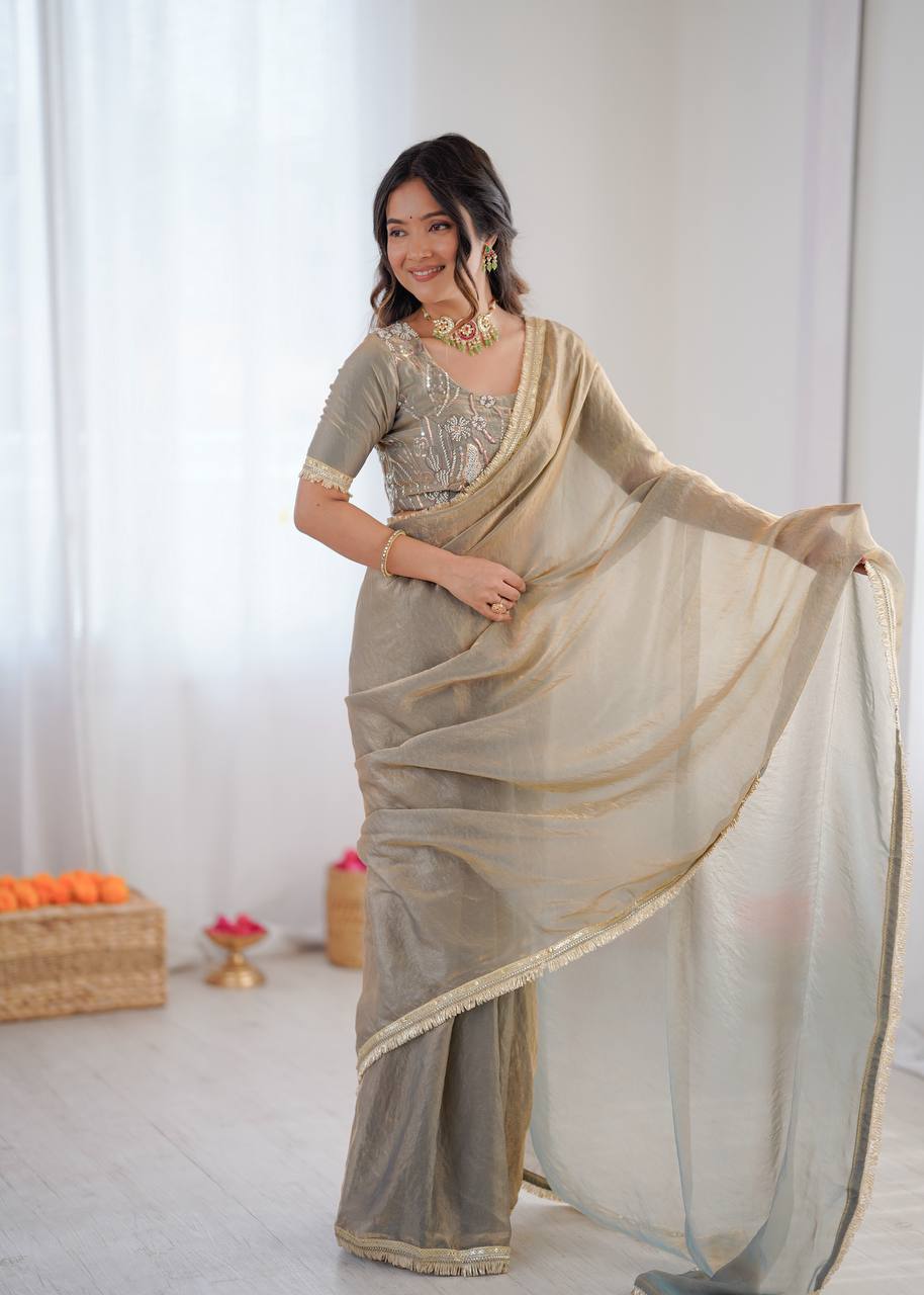 Festive Grey Fendy Silk Ready To Wear Saree With Unstitch Blouse