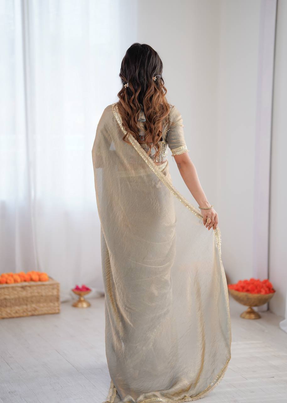 Festive Grey Fendy Silk Ready To Wear Saree With Unstitch Blouse