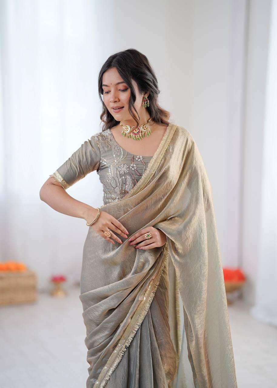 Festive Grey Fendy Silk Ready To Wear Saree With Unstitch Blouse