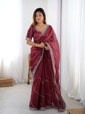 Elegant Maroon Sequins Embroidery Work Silk Saree