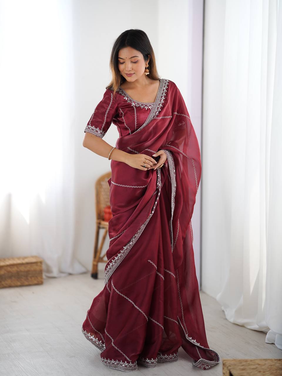 Elegant Maroon Sequins Embroidery Work Silk Saree