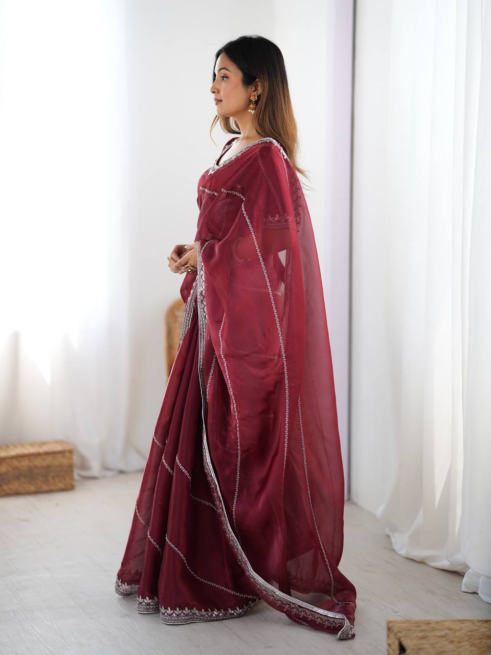 Elegant Maroon Sequins Embroidery Work Silk Saree