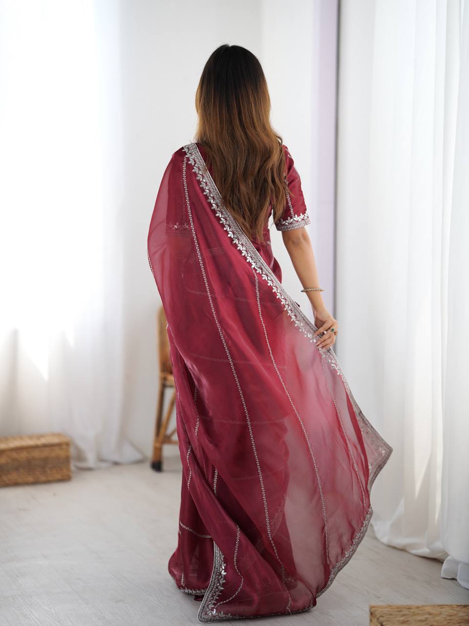 Elegant Maroon Sequins Embroidery Work Silk Saree