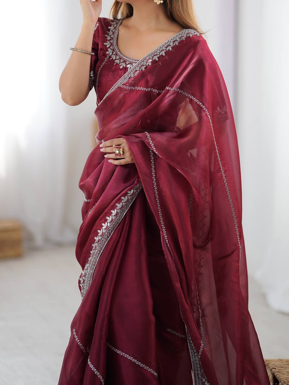 Elegant Maroon Sequins Embroidery Work Silk Saree
