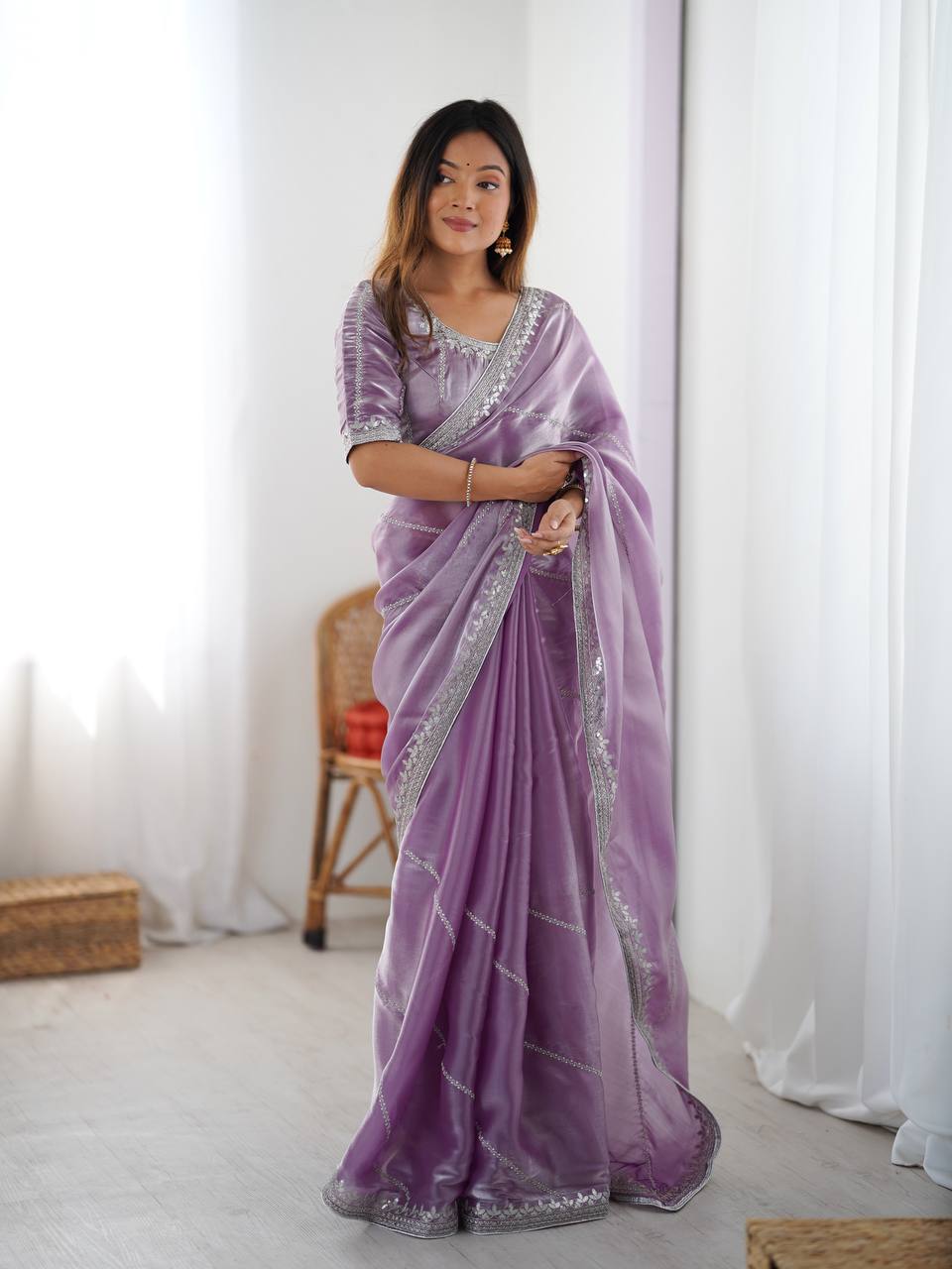 Elegant Lavender Color Embroidery + Therd Work Saree