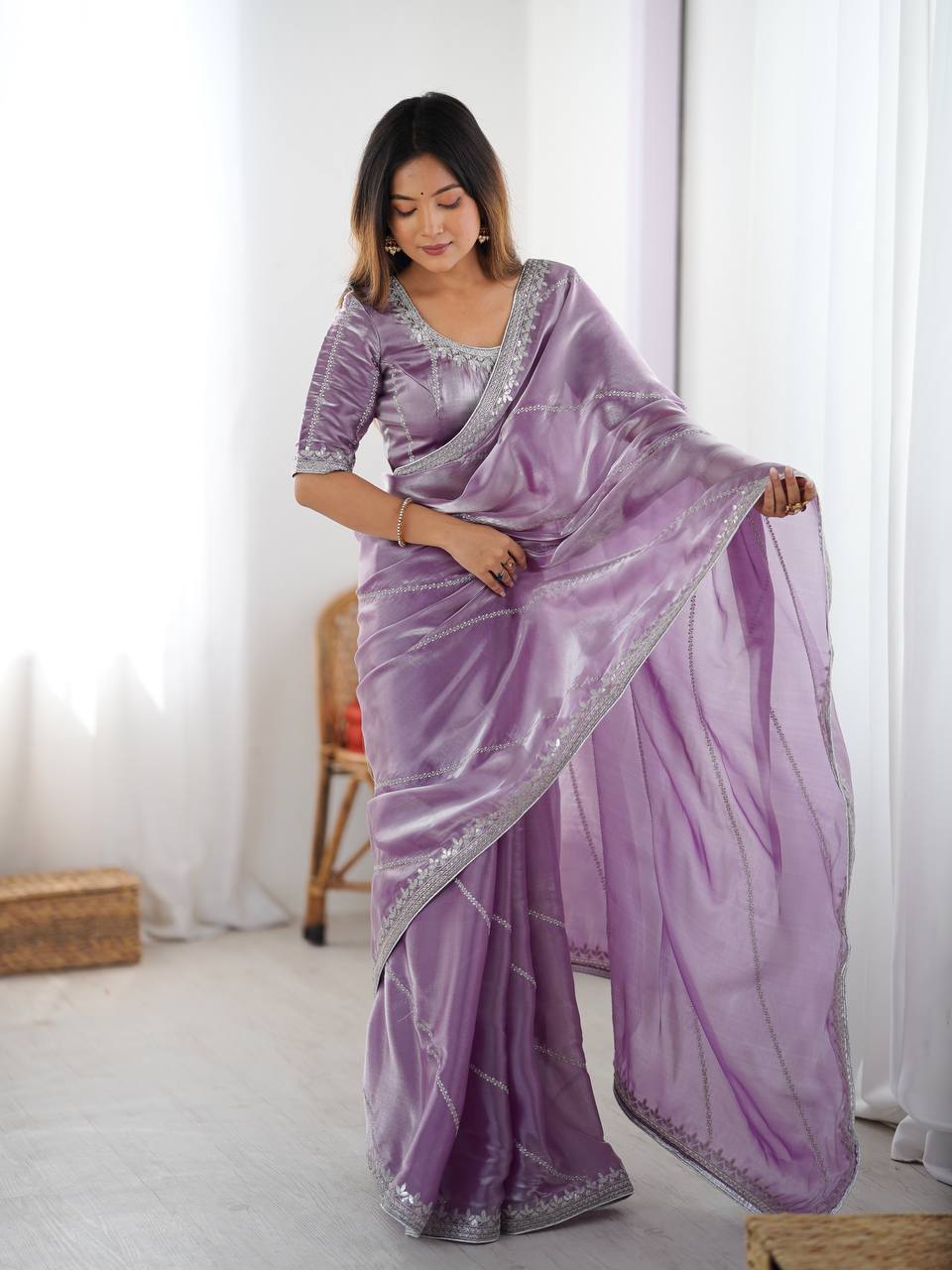 Elegant Lavender Color Embroidery + Therd Work Saree