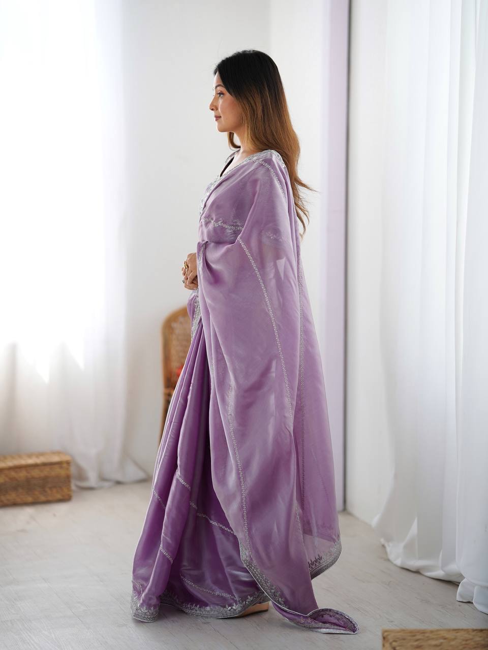 Elegant Lavender Color Embroidery + Therd Work Saree