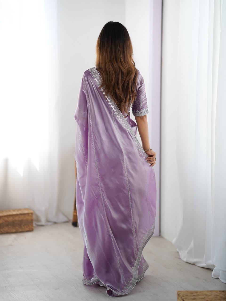 Elegant Lavender Color Embroidery + Therd Work Saree