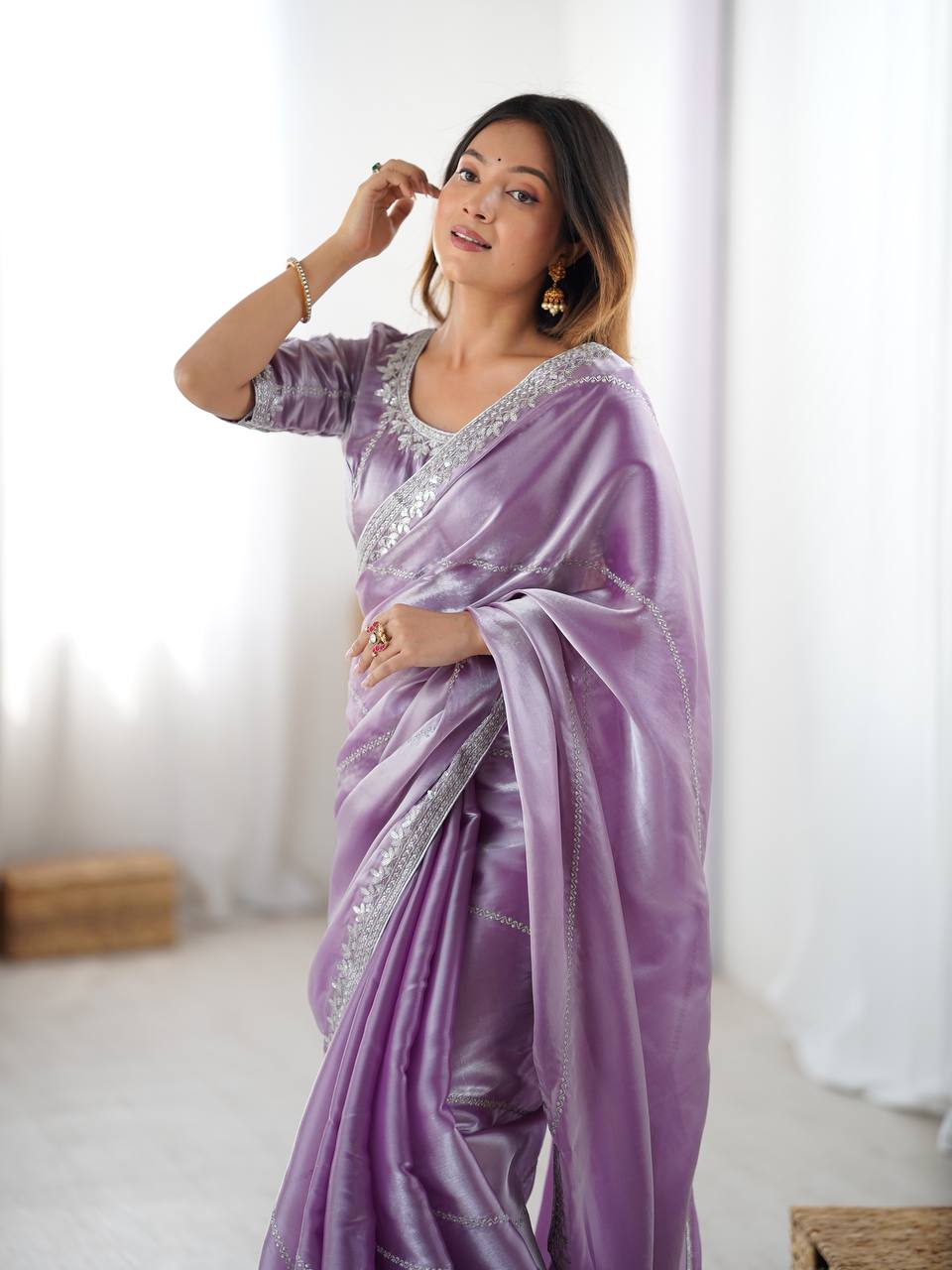 Elegant Lavender Color Embroidery + Therd Work Saree
