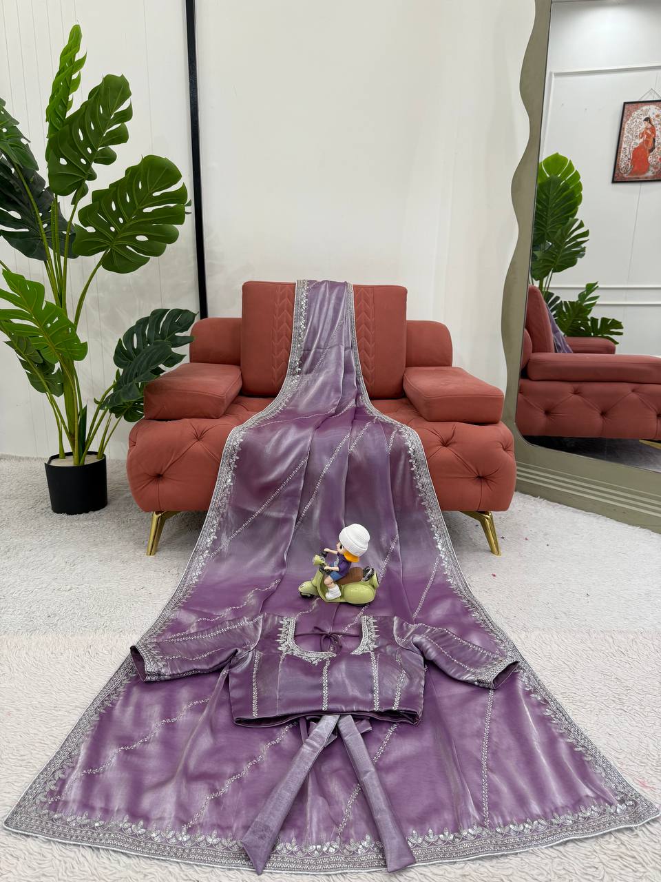 Elegant Lavender Color Embroidery + Therd Work Saree