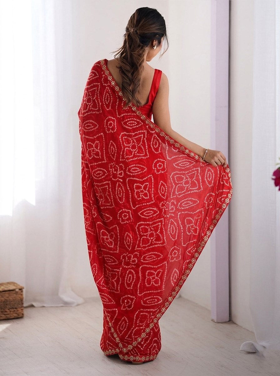 Red Colour Georgette Bandhej Print Saree