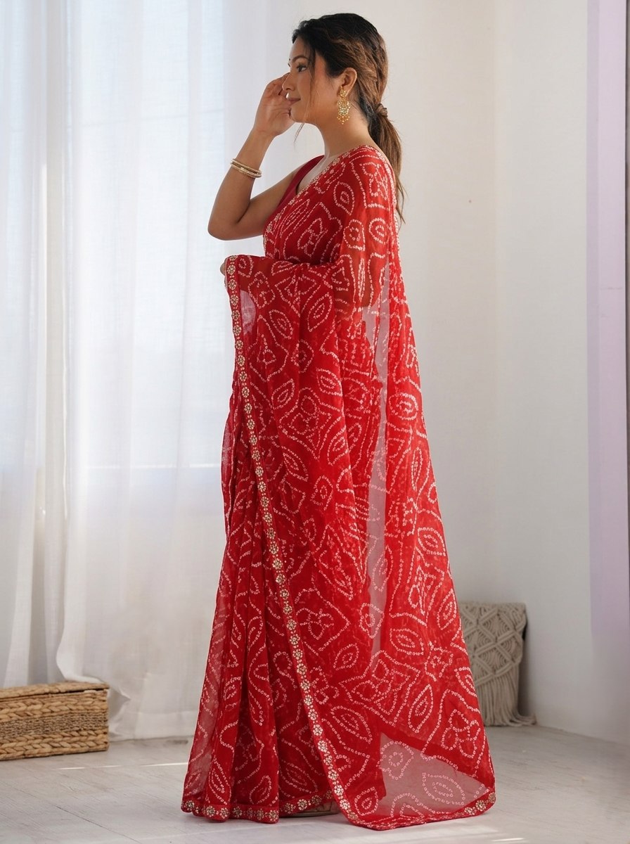 Red Colour Georgette Bandhej Print Saree
