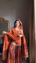 Rust peach Fandy Silk Sequence Work Three Piece Suit