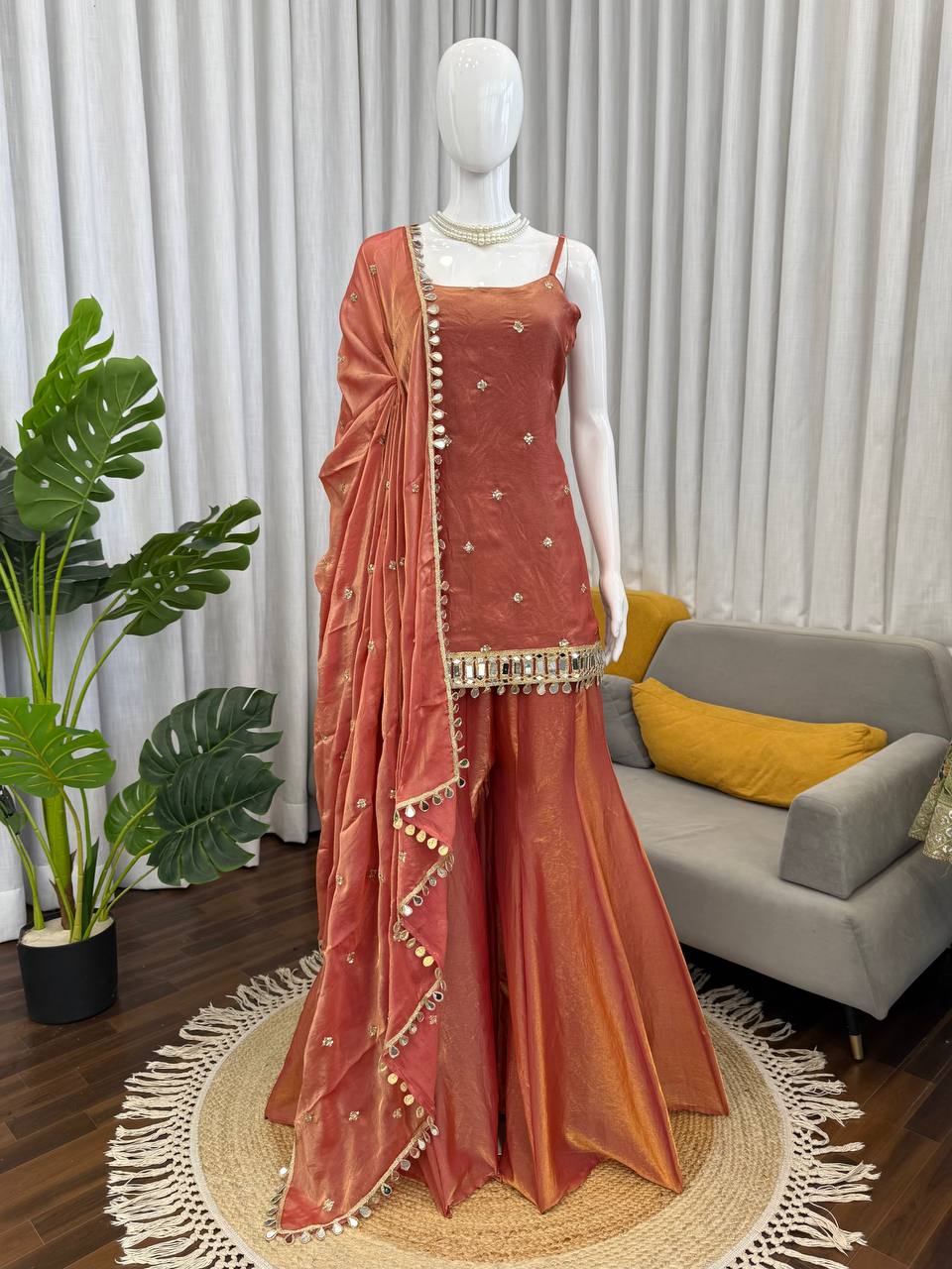 Rust peach Fandy Silk Sequence Work Three Piece Suit