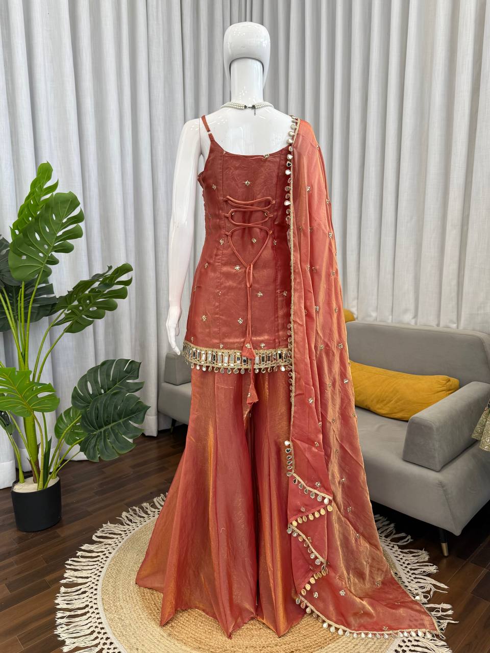 Rust peach Fandy Silk Sequence Work Three Piece Suit