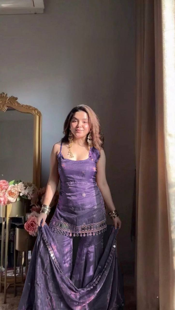 Belted Lavender Thread With Sequence Three Piece Suit