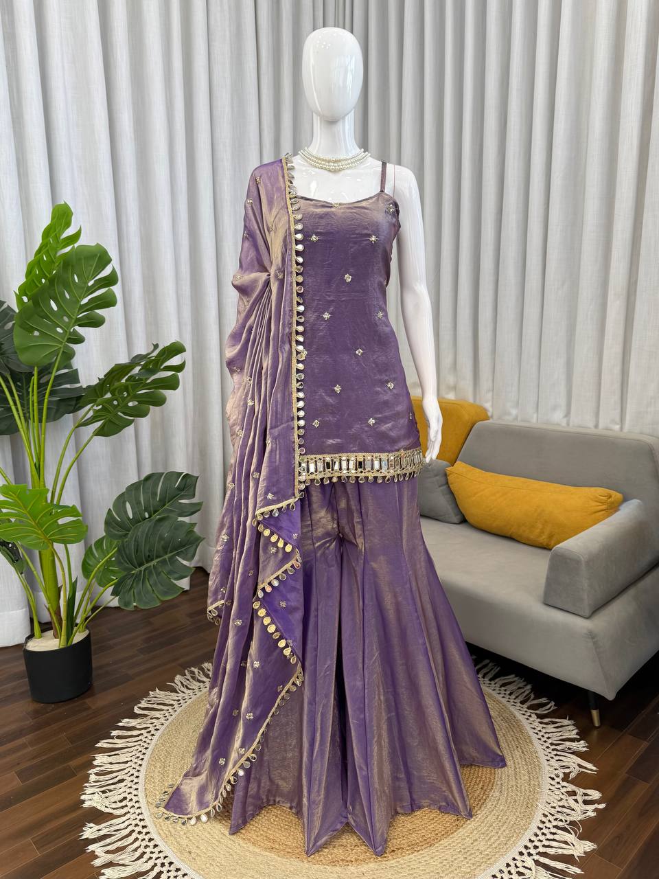 Belted Lavender Thread With Sequence Three Piece Suit