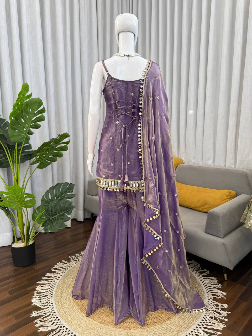 Belted Lavender Thread With Sequence Three Piece Suit