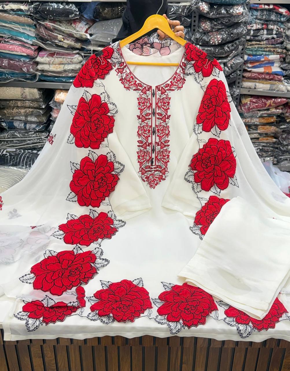 Floral White Color Soft Micro Cotton Three Piece Suit