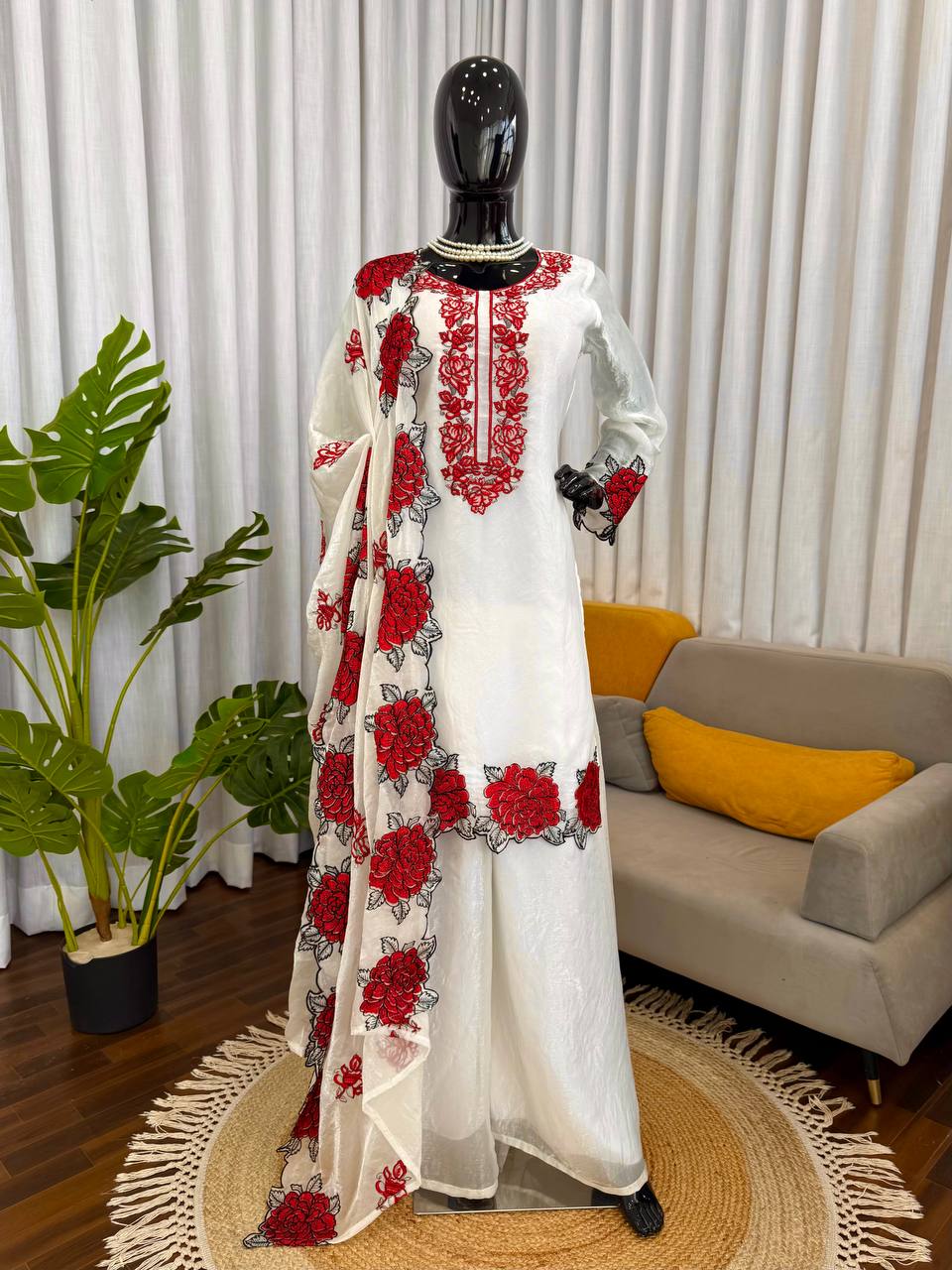 Floral White Color Soft Micro Cotton Three Piece Suit