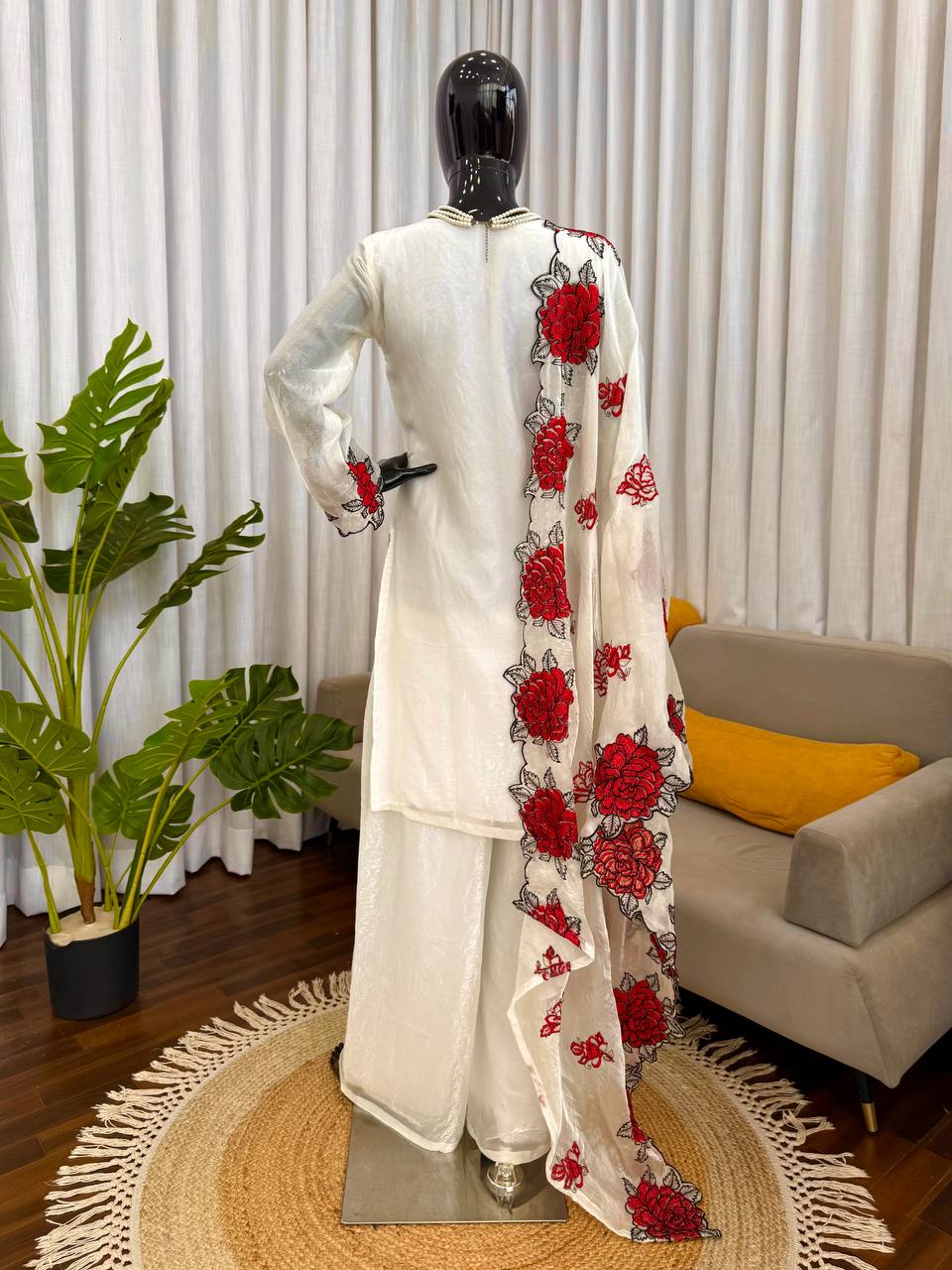 Floral White Color Soft Micro Cotton Three Piece Suit