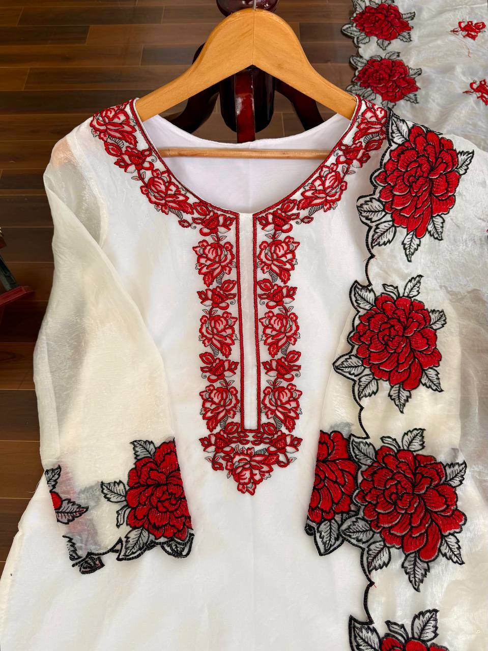 Floral White Color Soft Micro Cotton Three Piece Suit