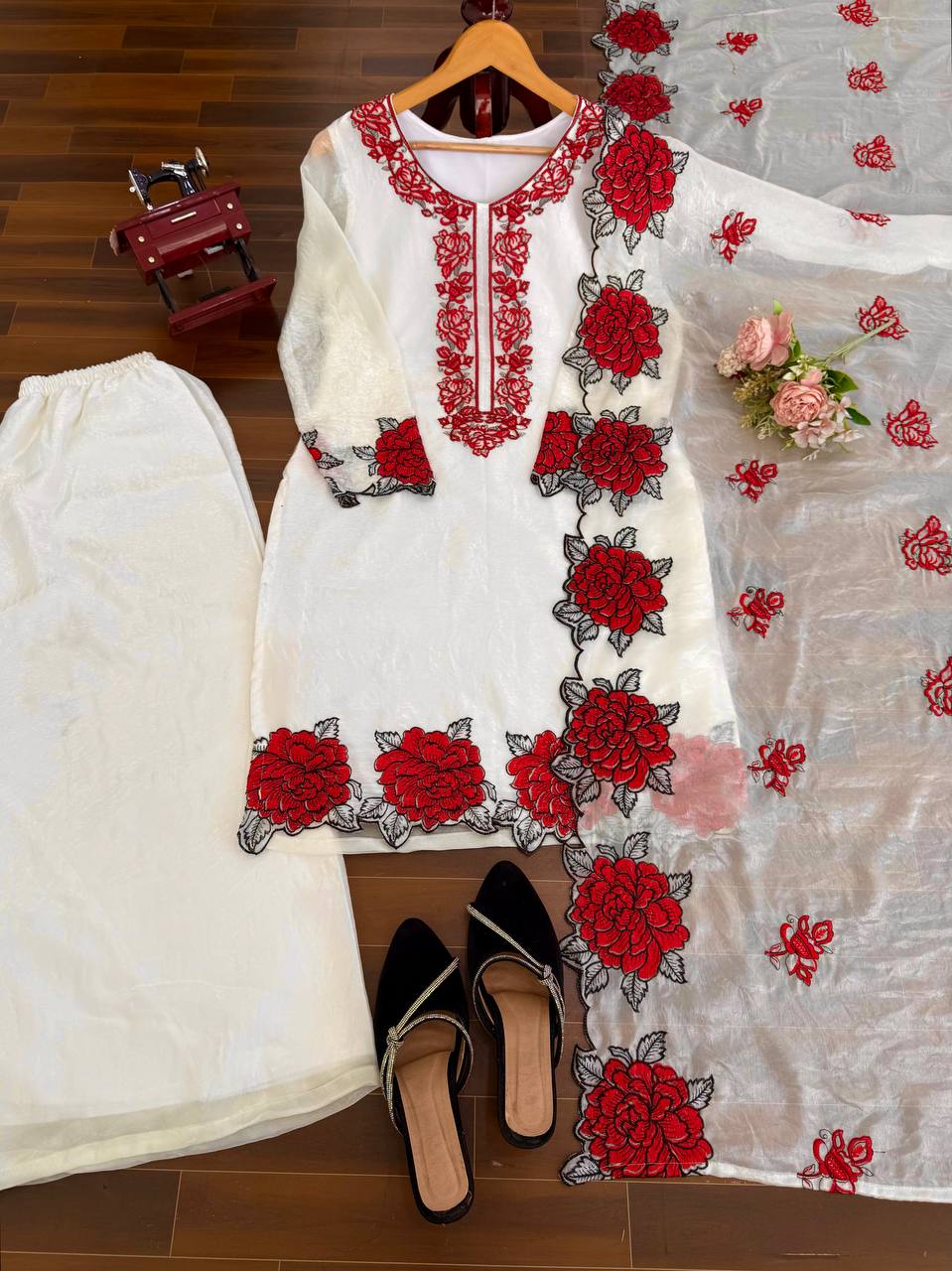 Floral White Color Soft Micro Cotton Three Piece Suit