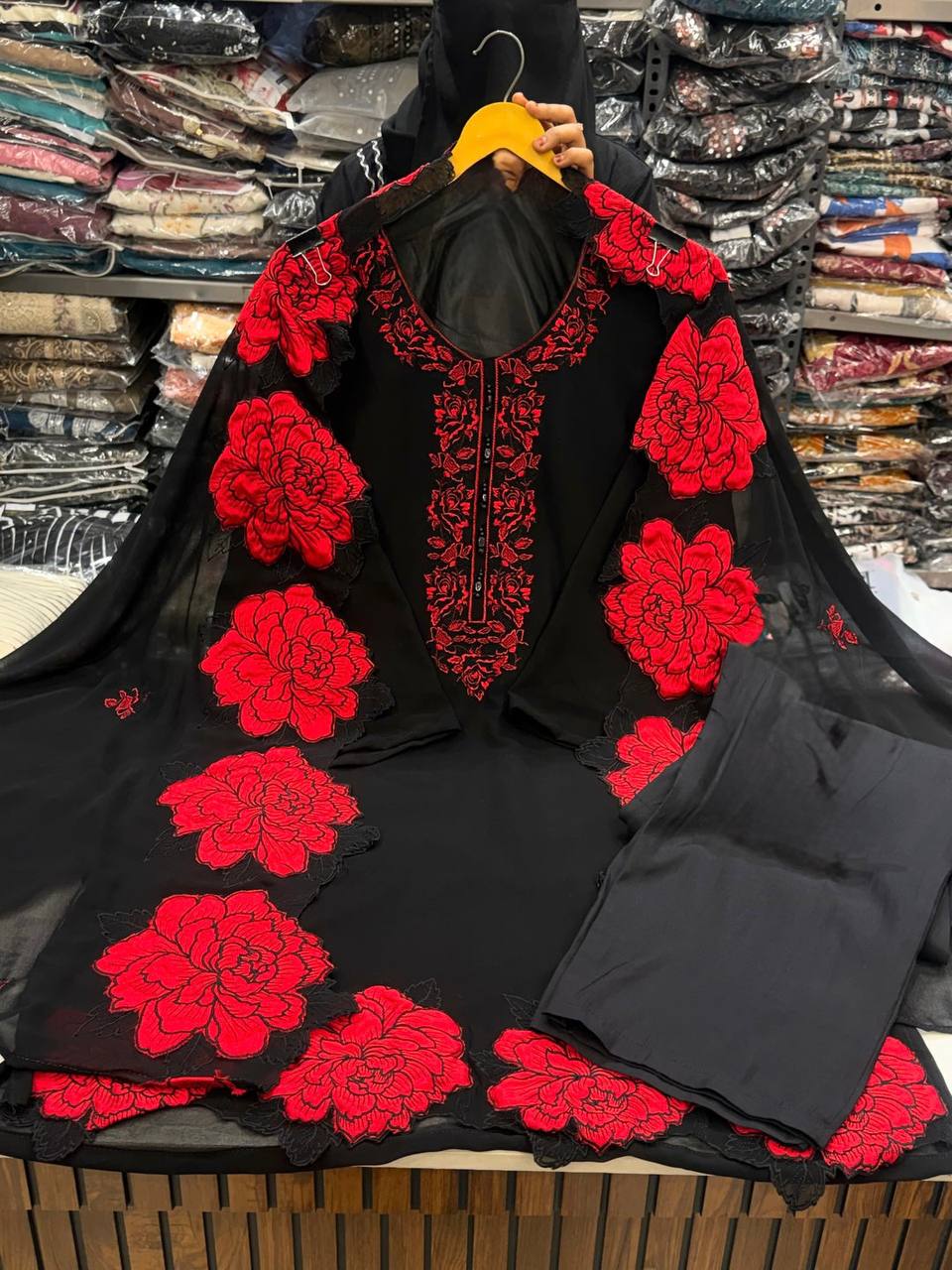 Elegent Black Red Thread Work Three Piece Suit