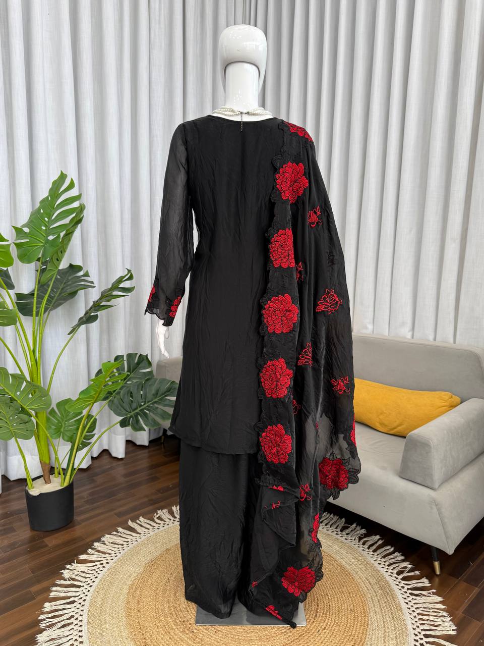 Elegent Black Red Thread Work Three Piece Suit