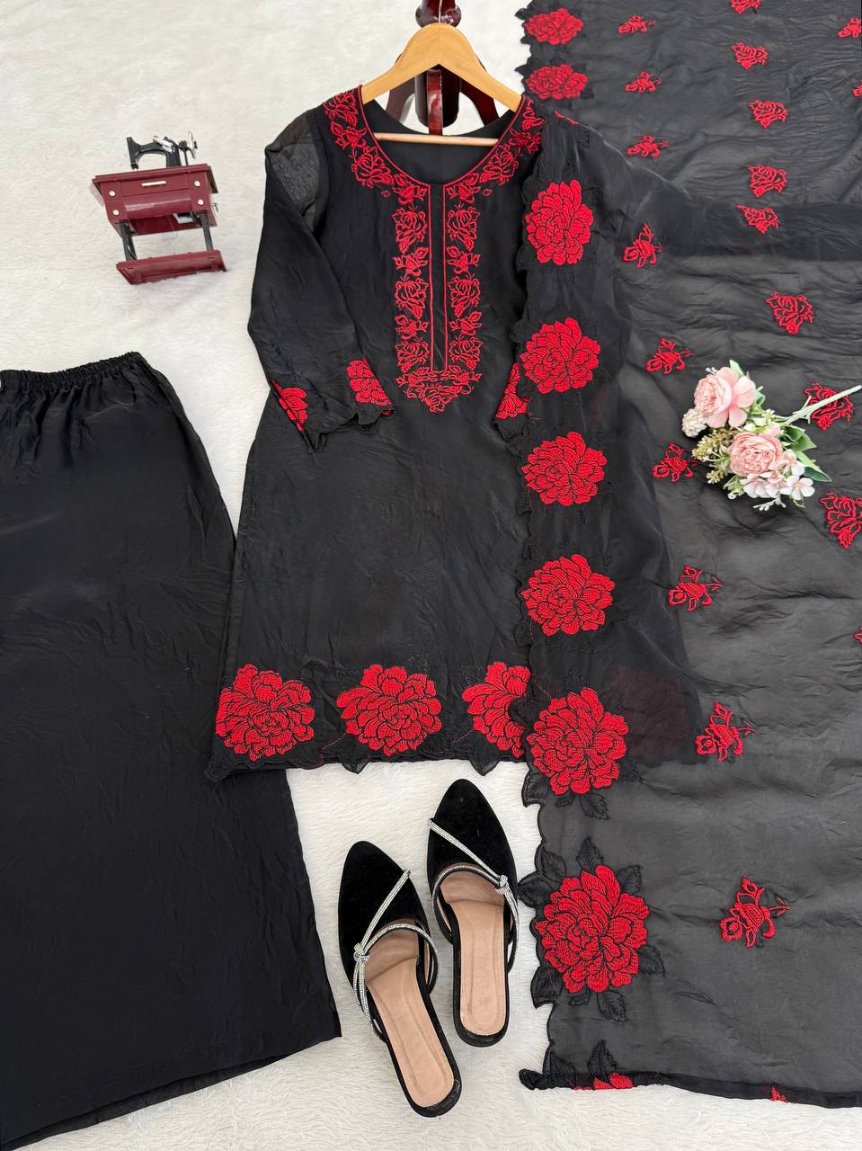 Elegent Black Red Thread Work Three Piece Suit