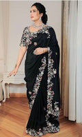 Modern Black Georgette Heavy Embroidery Work Saree