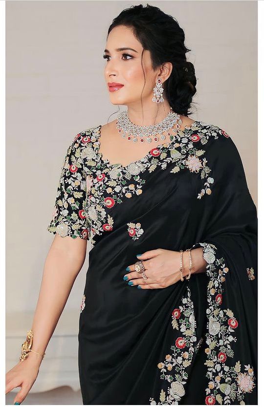 Modern Black Georgette Heavy Embroidery Work Saree