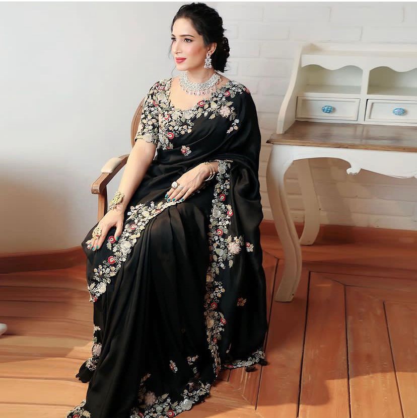Modern Black Georgette Heavy Embroidery Work Saree