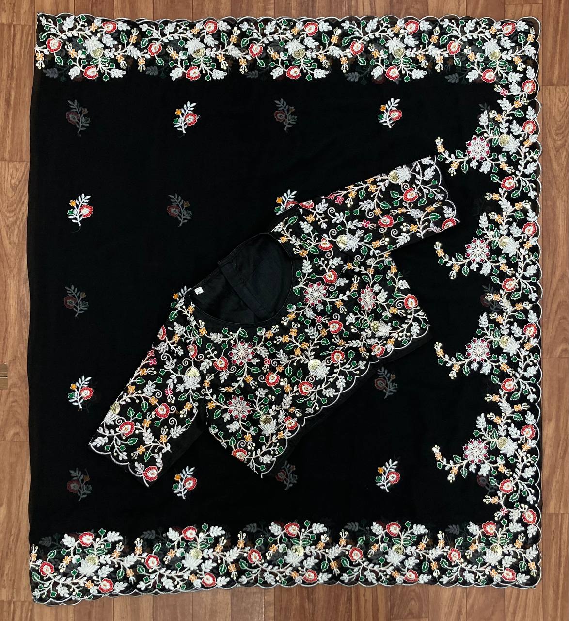 Modern Black Georgette Heavy Embroidery Work Saree