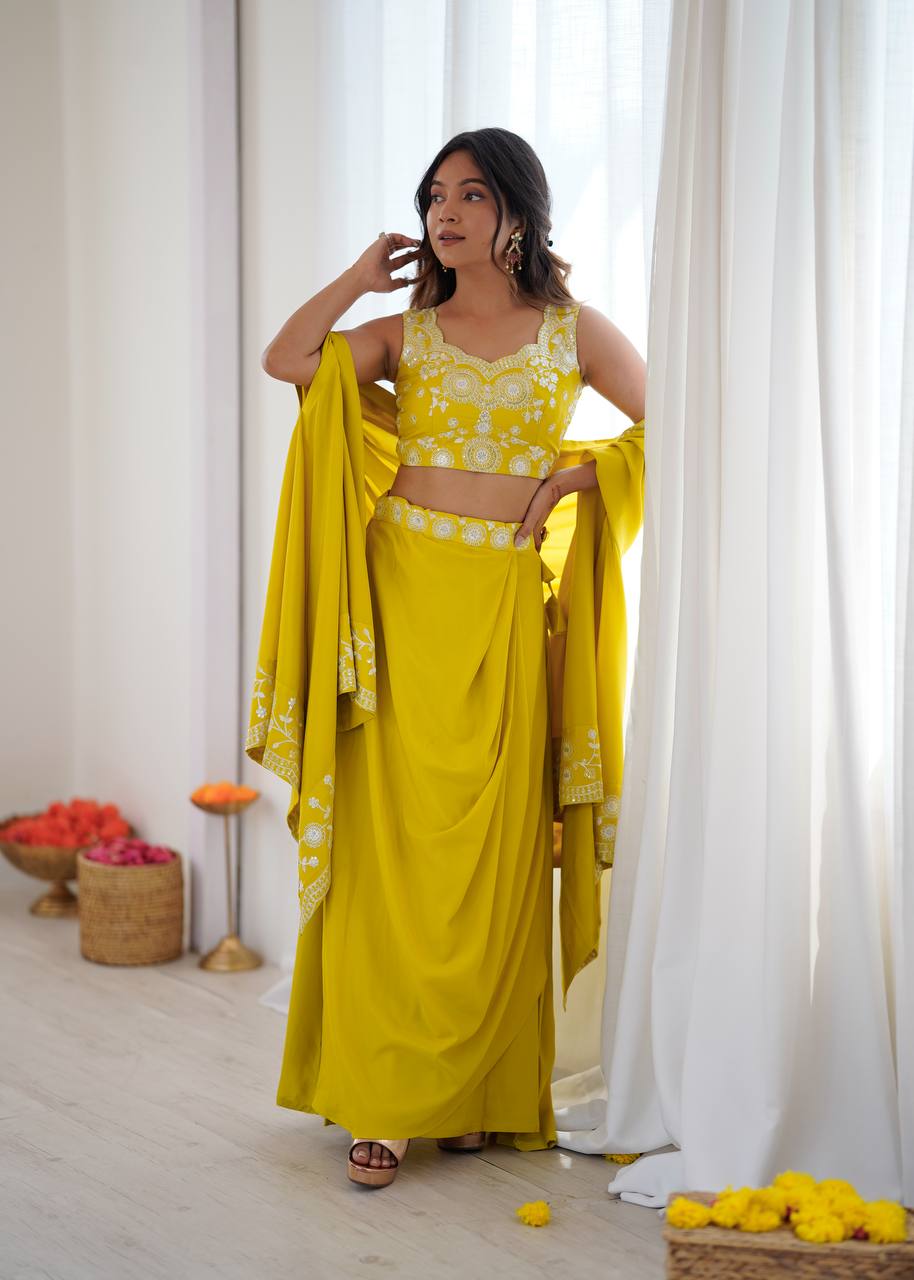 Musted Yellow French Crep Western Dhoti With Choli