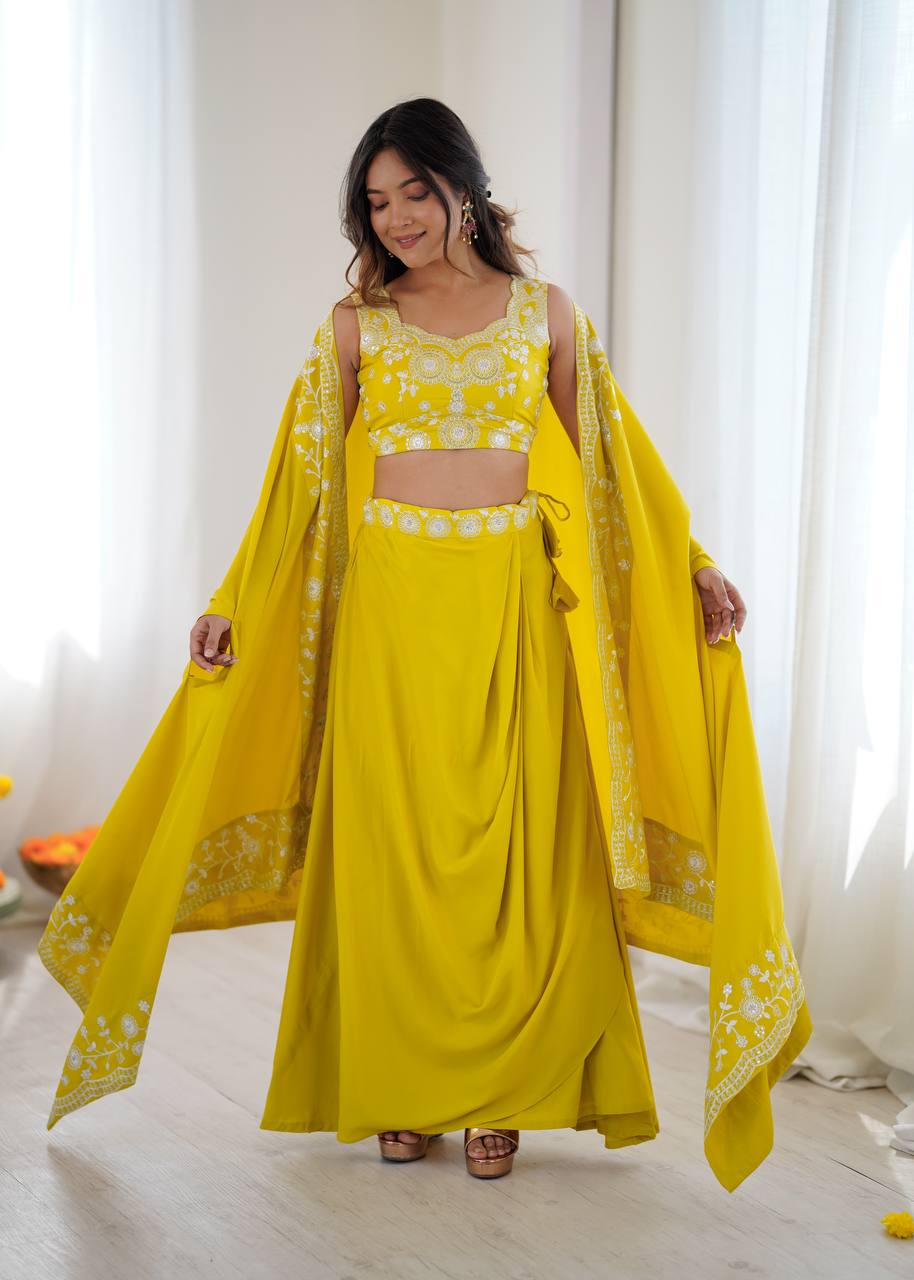 Musted Yellow French Crep Western Dhoti With Choli