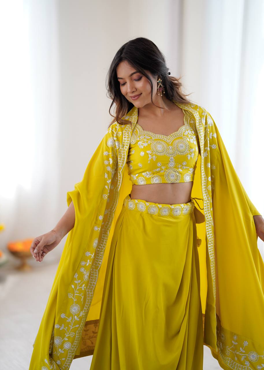 Musted Yellow French Crep Western Dhoti With Choli