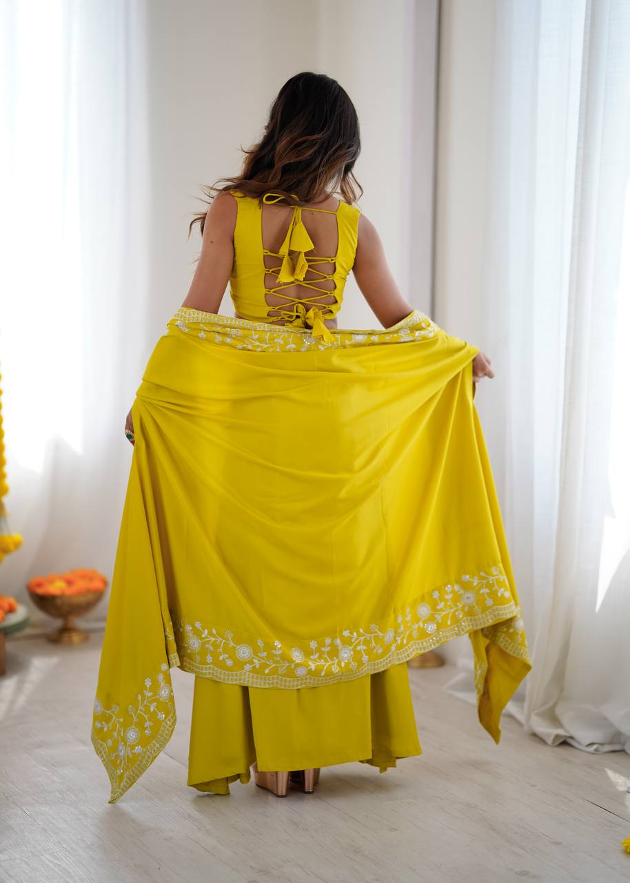 Musted Yellow French Crep Western Dhoti With Choli