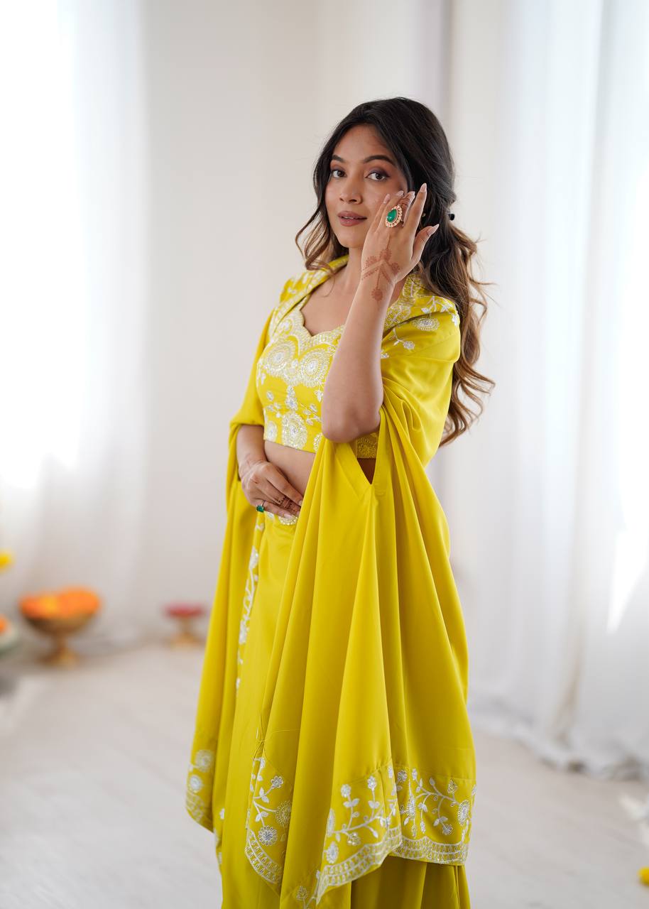 Musted Yellow French Crep Western Dhoti With Choli