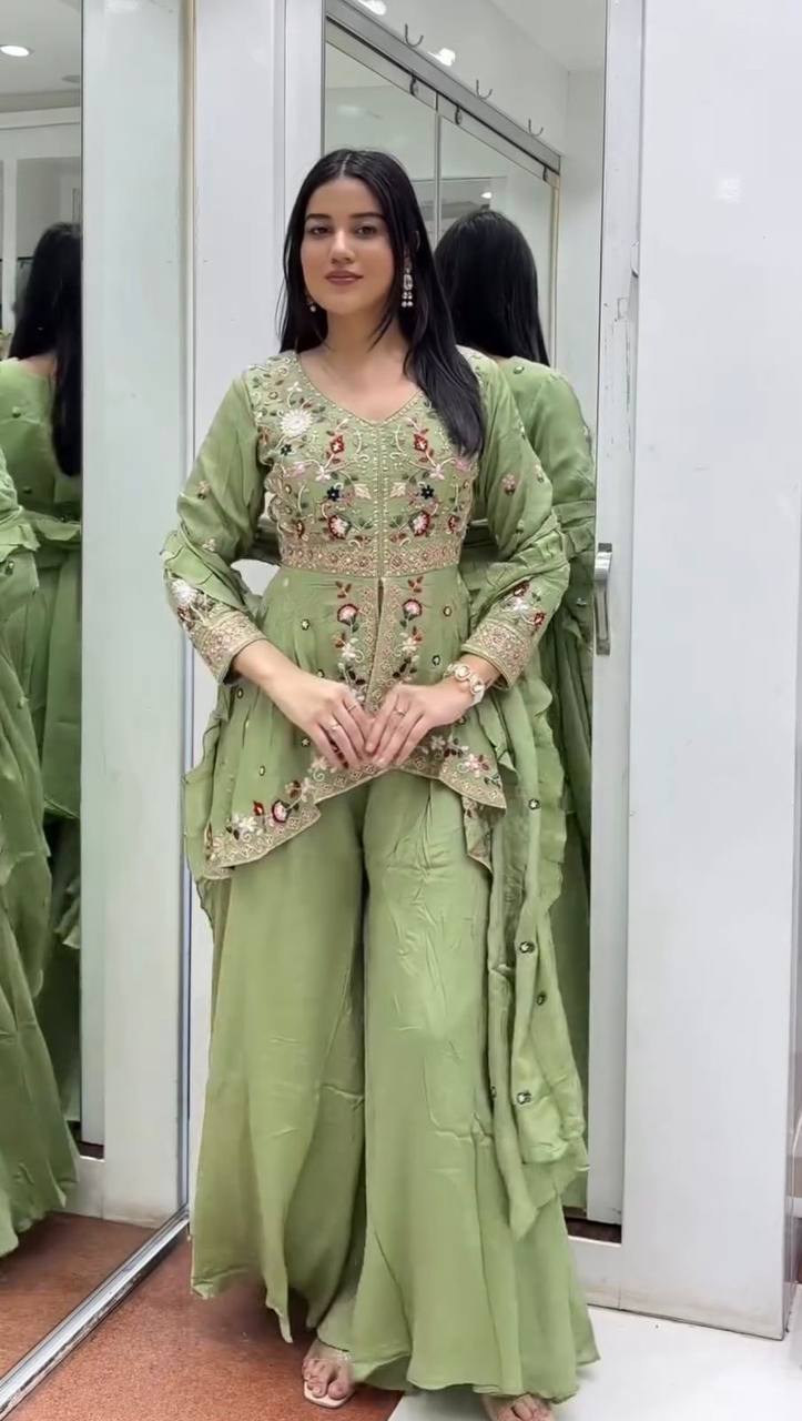 Pistachio Green Floral Designer Rangoli Silk Palazzo Suit Set