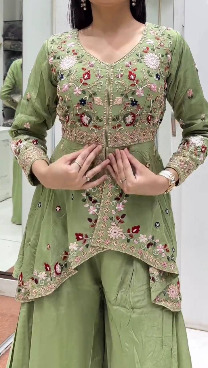 Pistachio Green Floral Designer Rangoli Silk Palazzo Suit Set