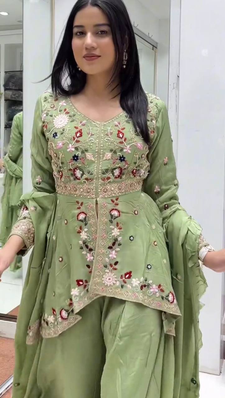 Pistachio Green Floral Designer Rangoli Silk Palazzo Suit Set
