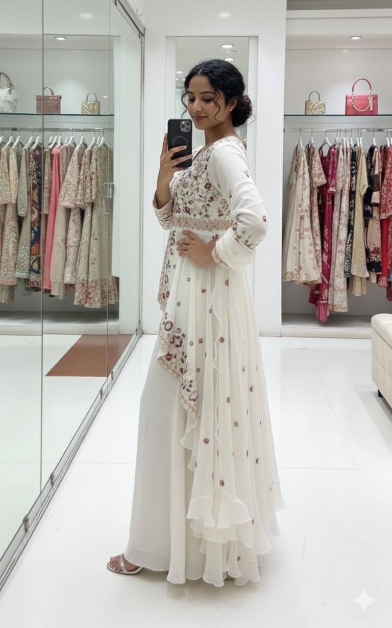Ivory Floral Designer Rangoli Silk Suit Set