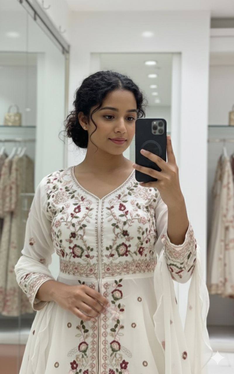 Ivory Floral Designer Rangoli Silk Suit Set
